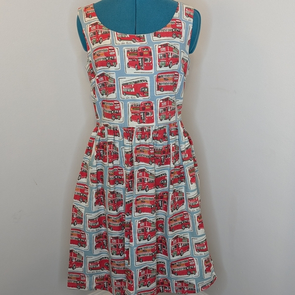 Cath Kidston Blue and Red Bus Print Sleeveless Dress NWOT sz UK 10/US 6 - Picture 1 of 5